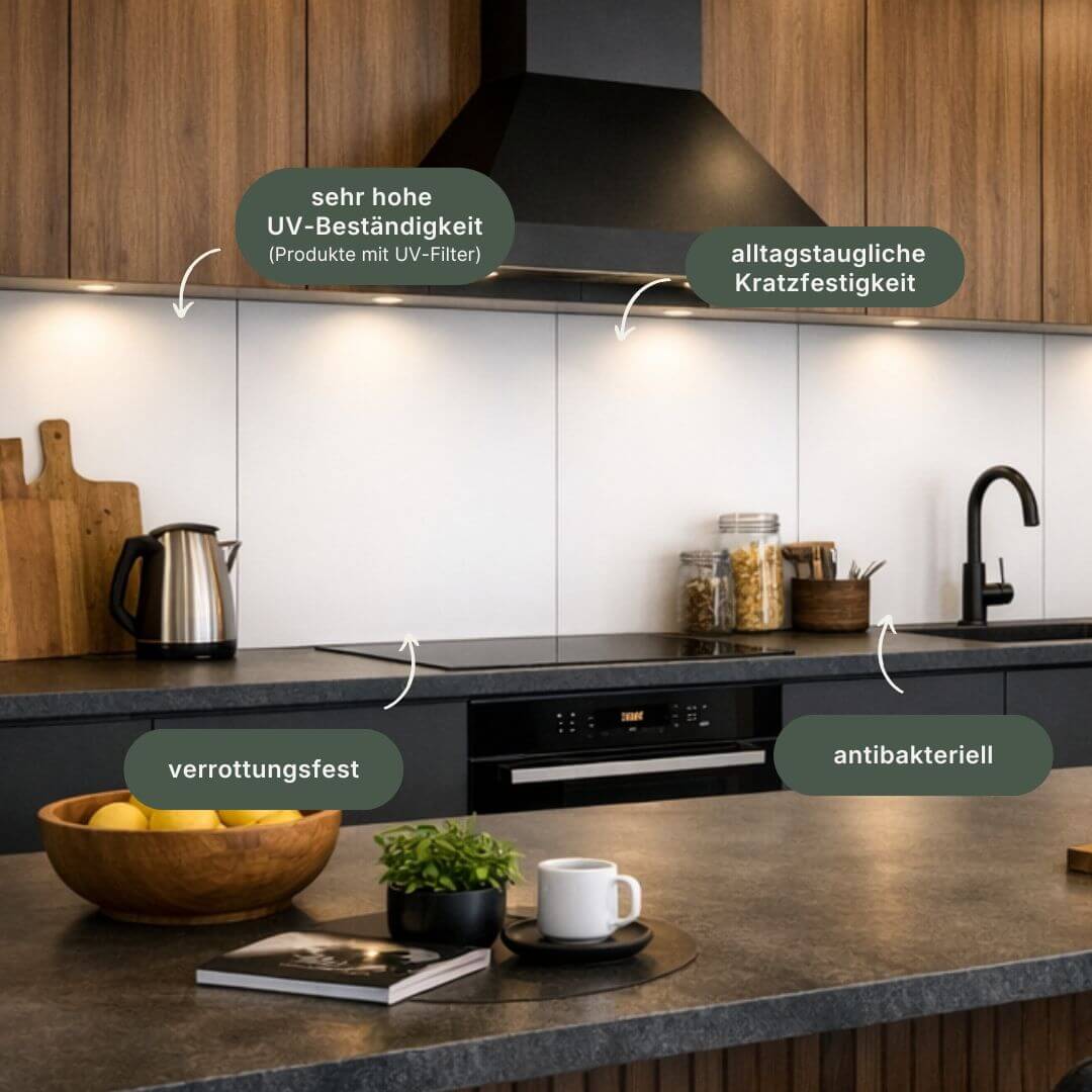 Küche mit einer Rückwand aus HPL Kompaktplatten
