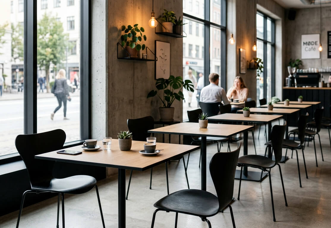 Szene in einem urbanen Cafe mit HPL Tischplatten