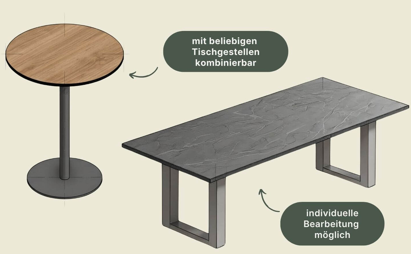 Beispiele für Tischgestelle für die HPL Tischplatten